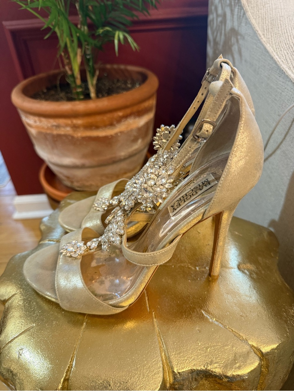 Badgley Mischka Champagne Crystal T-Strap Heels - Picture 2 of 5